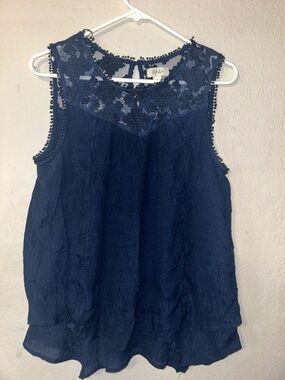 Sleeveless Navy Lace Yoke Women's Top